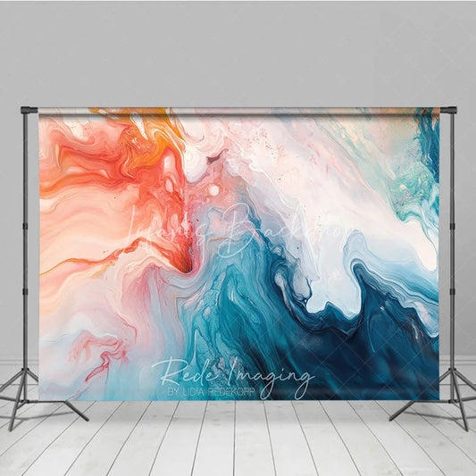 Lofaris Vibrant Orange and Blue Abstract Fluid Art Photography Backdrop Modern Marble Swirl Design for Studio Portraits