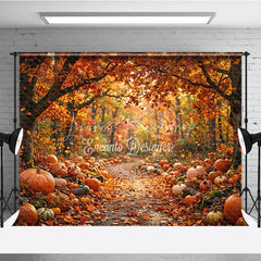 Lofaris Vibrant Orange and Red Autumn Forest Path Photography Backdrop Rustic Pumpkins Fall Leaves Harvest Season Decor