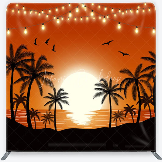Lofaris Vibrant Orange Sunset with Palm Trees and String Lights Square Double-Sided Backdrop Tropical Summer Party Decor