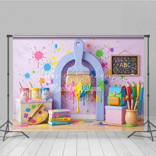 Lofaris Vibrant Paint Splatter Photography Backdrop featuring Art Supplies School Elements and Creative Fun