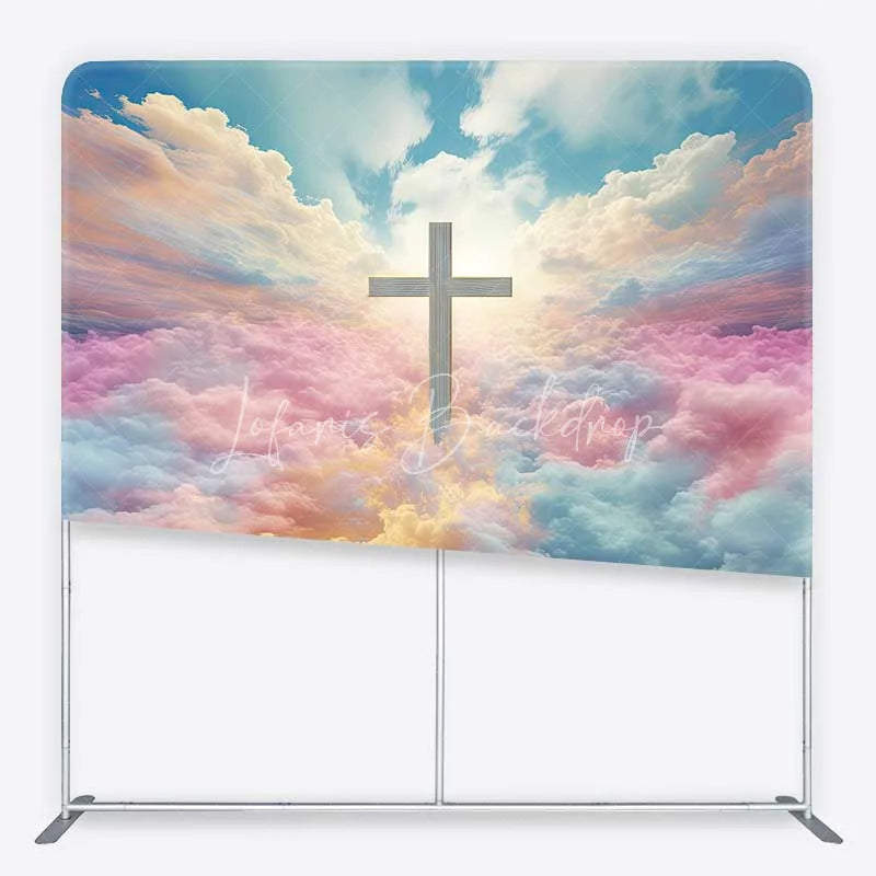 Lofaris Vibrant Pastel Cloud Sky and Cross Square Double-Sided Backdrop Heavenly Religious Event Decor for Baptism
