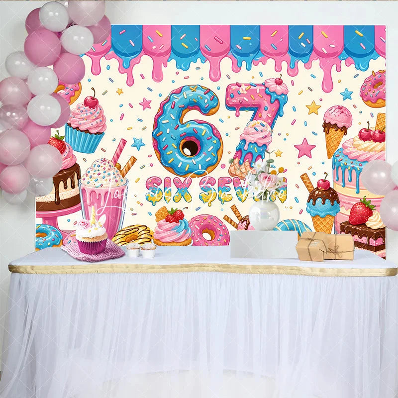 Lofaris Vibrant Pink and Blue Donut Number 6 7th Birthday Backdrop with Sweet Dessert Candy Theme Kids Party Decor.