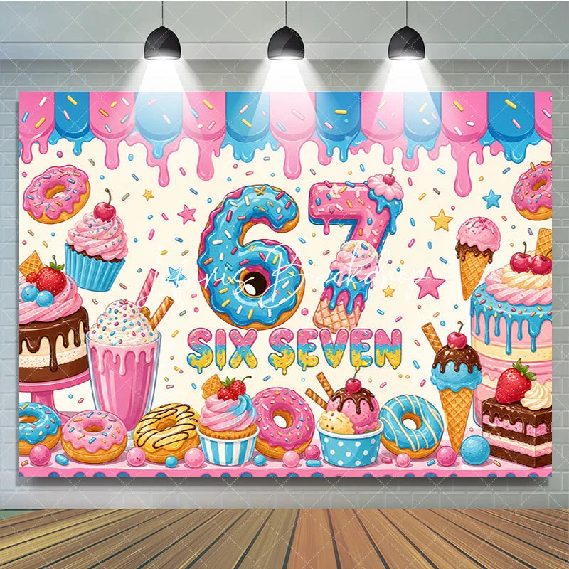 Lofaris Vibrant Pink and Blue Donut Number 6 7th Birthday Backdrop with Sweet Dessert Candy Theme Kids Party Decor.