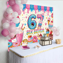 Lofaris Vibrant Pink and Blue Donut Number 6 7th Birthday Backdrop with Sweet Dessert Candy Theme Kids Party Decor.