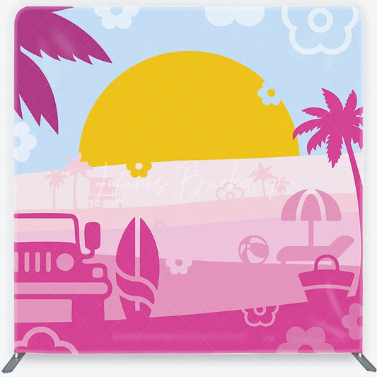 Lofaris Vibrant Pink and Blue Summer Beach Square Double-Sided Backdrop featuring a Jeep Surfboard