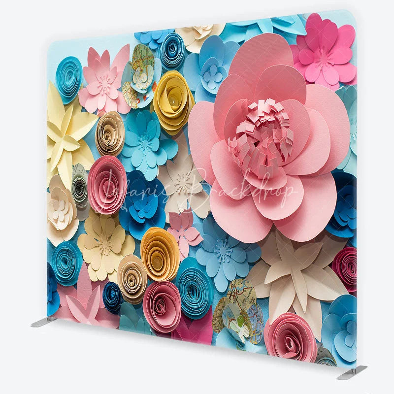 Lofaris Vibrant Pink Blue Yellow Paper Flowers Square Double-Sided Backdrop Artistic Floral Craft Theme Decor