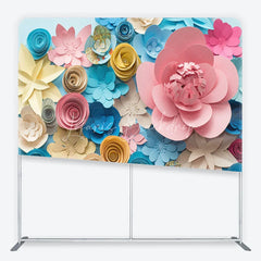 Lofaris Vibrant Pink Blue Yellow Paper Flowers Square Double-Sided Backdrop Artistic Floral Craft Theme Decor