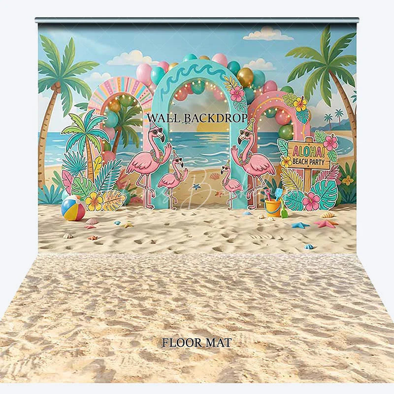 Lofaris Vibrant Pink Flamingo Tropical Beach Party Combo Set Backdrop with Palm Trees Aloha Sign for Summer Birthday Decor.