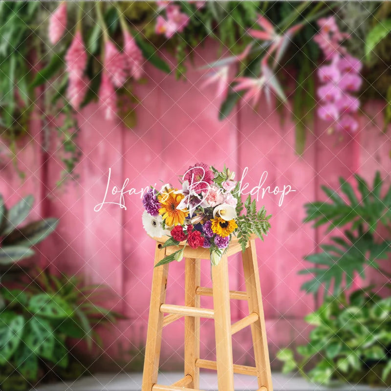 Lofaris Vibrant Pink Wooden Wall with Lush Tropical Foliage and Orchid Flowers Photography Backdrop Elegant Nature Theme