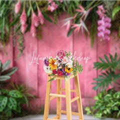 Lofaris Vibrant Pink Wooden Wall with Lush Tropical Foliage and Orchid Flowers Photography Backdrop Elegant Nature Theme