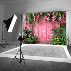 Lofaris Vibrant Pink Wooden Wall with Lush Tropical Foliage and Orchid Flowers Photography Backdrop Elegant Nature Theme