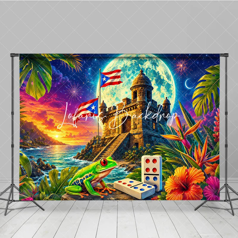 Lofaris Vibrant Puerto Rican Flag Holiday Backdrop with Tropical Fortress Sunset Starry Night and Festive Frog