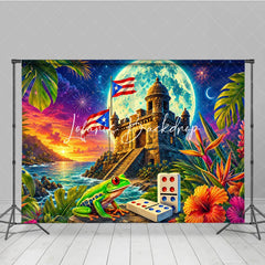 Lofaris Vibrant Puerto Rican Flag Holiday Backdrop with Tropical Fortress Sunset Starry Night and Festive Frog
