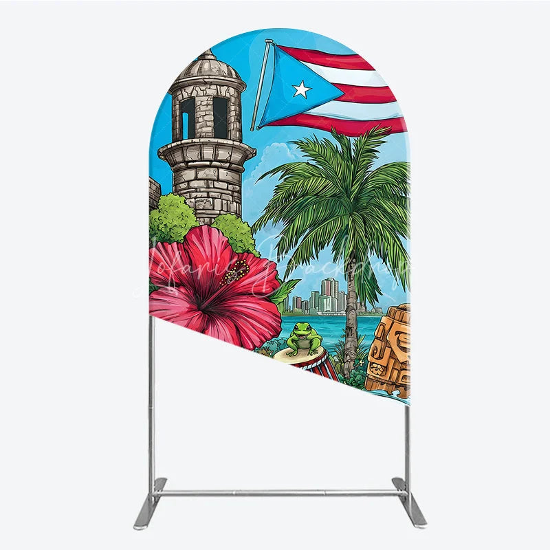 Lofaris Vibrant Puerto Rican Flag Round Top Arch Backdrop with Tropical Flowers Historic Tower and Island Cityscape