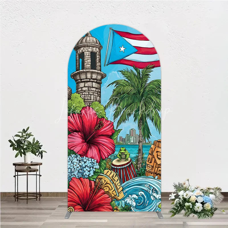 Lofaris Vibrant Puerto Rican Flag Round Top Arch Backdrop with Tropical Flowers Historic Tower and Island Cityscape