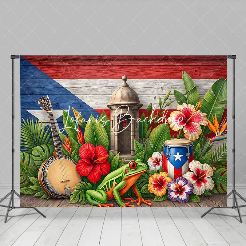 Lofaris Vibrant Puerto Rican Flag Tropical Holiday Backdrop with Lush Leaves Hibiscus Flowers Sentry Box and Coqui Frog