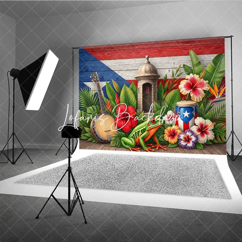 Lofaris Vibrant Puerto Rican Flag Tropical Holiday Backdrop with Lush Leaves Hibiscus Flowers Sentry Box and Coqui Frog