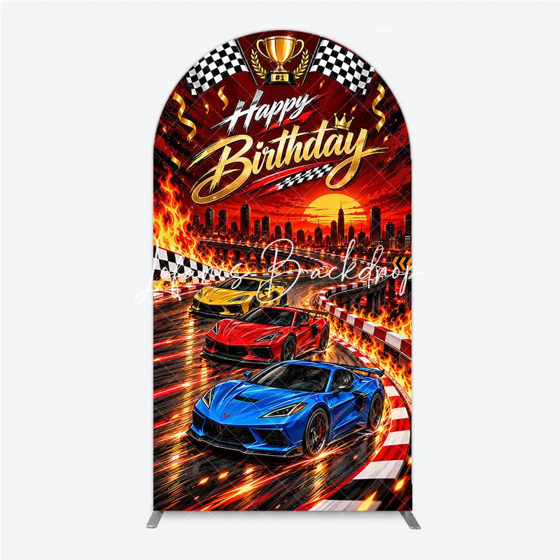 Lofaris Vibrant Racing Cars Happy Birthday Round Top Arch Backdrop featuring Checkered Flags and Golden Trophy