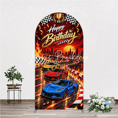 Lofaris Vibrant Racing Cars Happy Birthday Round Top Arch Backdrop featuring Checkered Flags and Golden Trophy