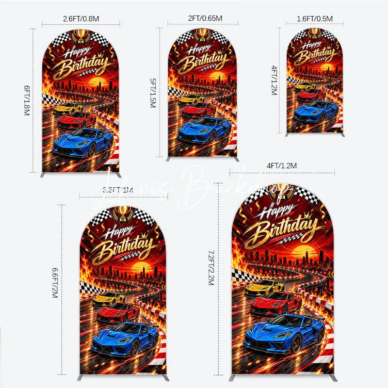 Lofaris Vibrant Racing Cars Happy Birthday Round Top Arch Backdrop featuring Checkered Flags and Golden Trophy