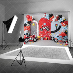 Lofaris Vibrant Racing Motorcycle Photography Backdrop with Arched Panels Balloons and Checkered Flags for Kids Birthday Party