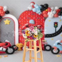 Lofaris Vibrant Racing Motorcycle Photography Backdrop with Arched Panels Balloons and Checkered Flags for Kids Birthday Party