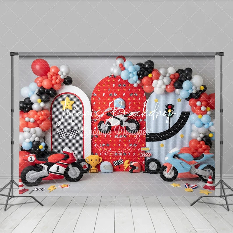 Lofaris Vibrant Racing Motorcycle Photography Backdrop with Arched Panels Balloons and Checkered Flags for Kids Birthday Party