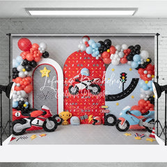 Lofaris Vibrant Racing Motorcycle Photography Backdrop with Arched Panels Balloons and Checkered Flags for Kids Birthday Party