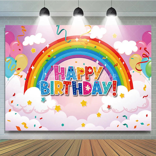 Lofaris Vibrant Rainbow Happy Birthday Backdrop with Colorful Balloons Fluffy Clouds and Twinkling Stars for Party Decor