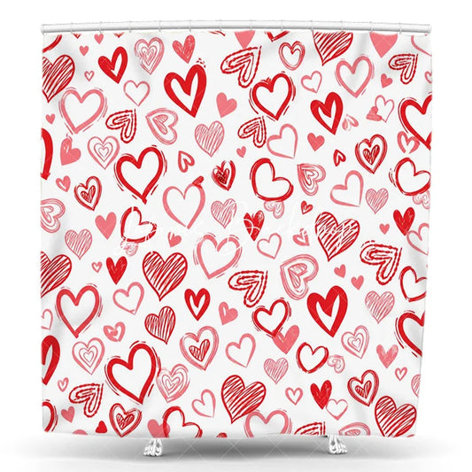 Lofaris Vibrant Red and Pink Sketched Hearts Pattern Shower Curtain Romantic Love Theme for Valentine’s Day Decor