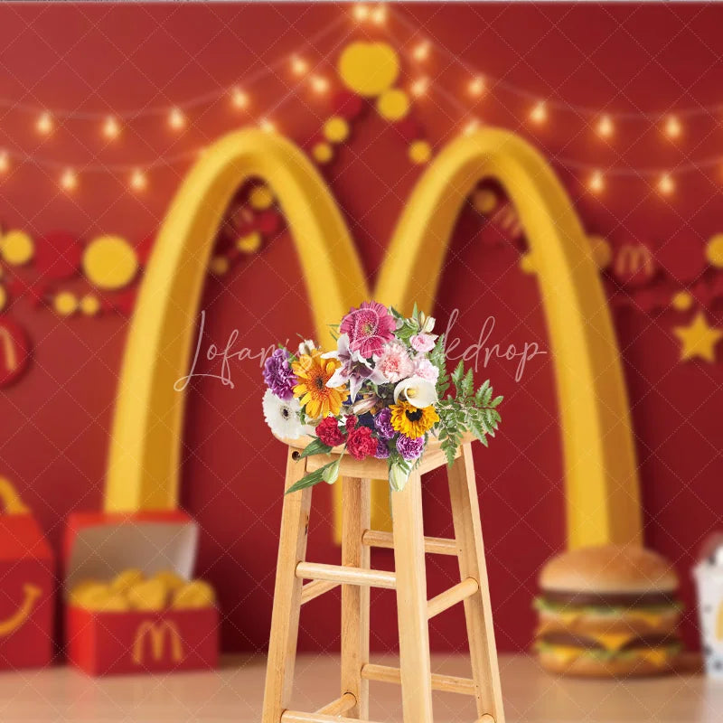 Lofaris Vibrant Red and Yellow Golden Arch Photography Backdrop Festive Party Decor with Balloons Snacks String Lights.