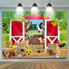 Lofaris Vibrant Red Barn Farm Animals Birthday Backdrop featuring Hay Bales Sunflowers and Rustic Wagon Wheel