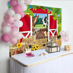 Lofaris Vibrant Red Barn Farm Animals Birthday Backdrop featuring Hay Bales Sunflowers and Rustic Wagon Wheel