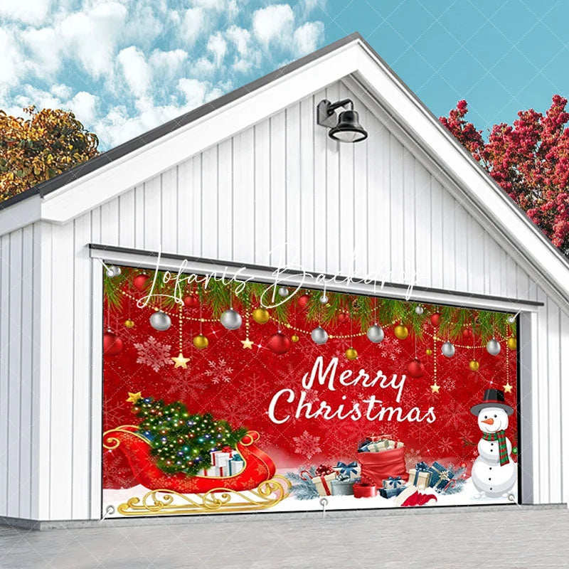 Lofaris Vibrant Red Merry Christmas Garage Door Banner with Snowman Sleigh and Festive Ornaments Holiday Decor