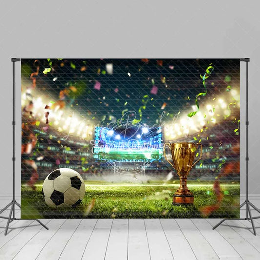 Lofaris Vibrant Soccer Field Backdrop Golden Trophy Confetti Celebration Sports Theme Party Photography