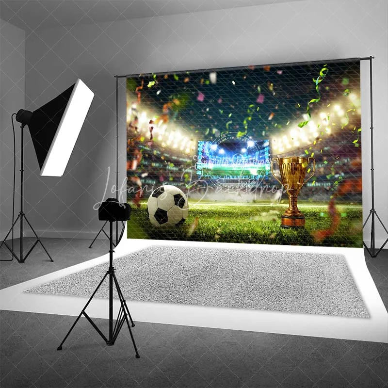 Lofaris Vibrant Soccer Field Backdrop Golden Trophy Confetti Celebration Sports Theme Party Photography