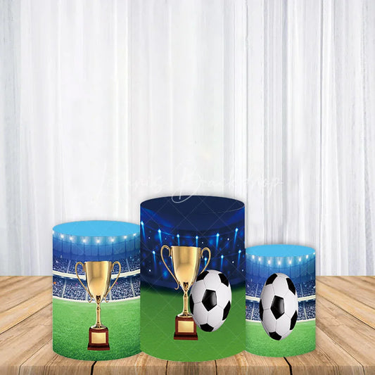 Lofaris Vibrant Soccer Field Cylinder Cover with Golden Trophy and Stadium Lights Sports Theme Birthday Party Decor