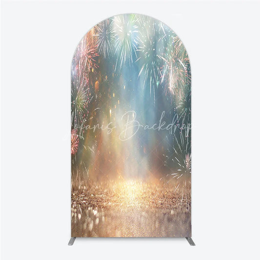 Lofaris Vibrant Sparkling Light Bursts Celebration Round Top Arch Backdrop Golden Glitter Night Sky Party Decor
