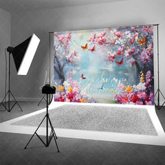 Lofaris Vibrant Spring Cherry Blossom Lake Backdrop Colorful Butterfly Floral Photography Background for Parties