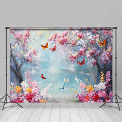 Lofaris Vibrant Spring Cherry Blossom Lake Backdrop Colorful Butterfly Floral Photography Background for Parties