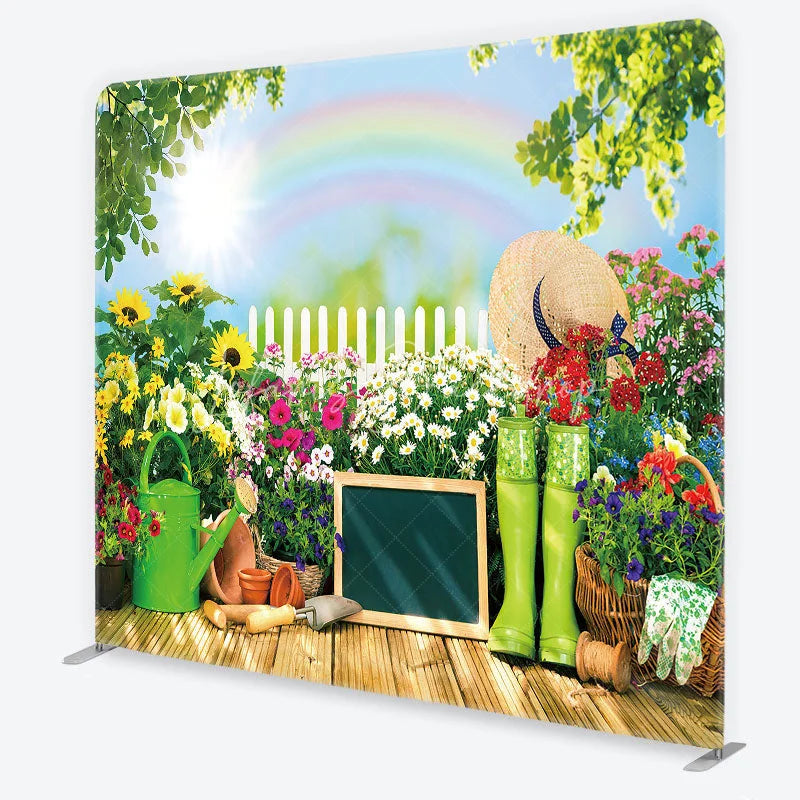 Lofaris Vibrant Spring Garden with Rainbow and Sunflowers Square Double-Sided Backdrop Outdoor Photo Booth Decor