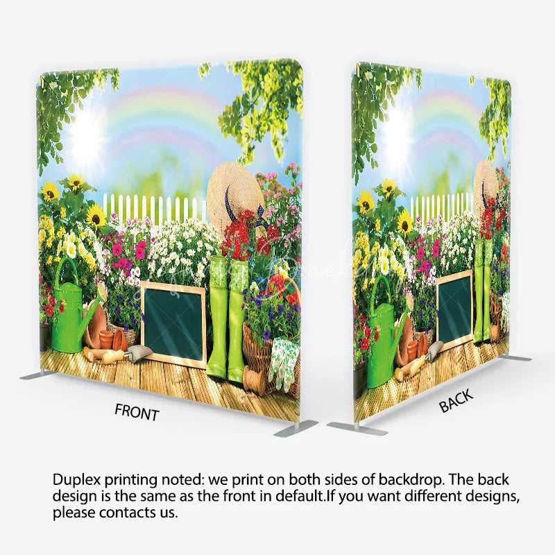 Lofaris Vibrant Spring Garden with Rainbow and Sunflowers Square Double-Sided Backdrop Outdoor Photo Booth Decor