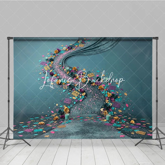 Lofaris Vibrant Teal and Gold Floral Photography Backdrop with Purple Pink Decorative Confetti Festive Celebration Decor