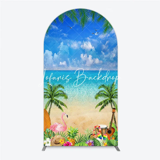 Lofaris Vibrant Tropical Beach Ocean Palm Trees Flamingo Round Top Arch Backdrop Summer Luau Party Decor