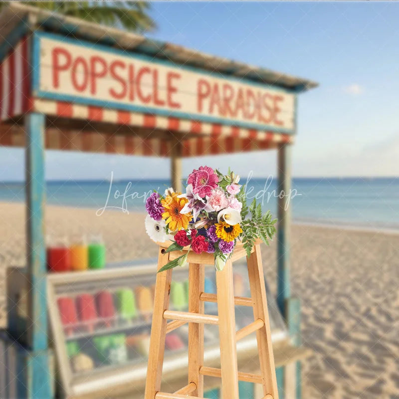 Lofaris Vibrant Tropical Beach Popsicle Stand Photography Backdrop Summer Paradise Ocean Palm Trees Decor