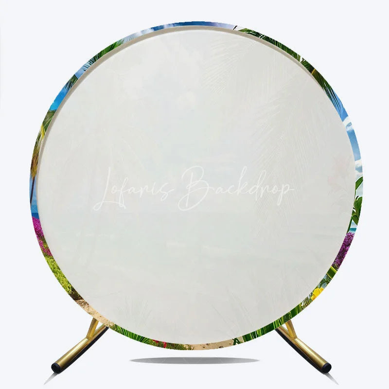 Lofaris Vibrant Tropical Beach Round Backdrop with Palm Trees and Turquoise Ocean Waves Summer Paradise Party Decor