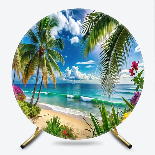 Lofaris Vibrant Tropical Beach Round Backdrop with Palm Trees and Turquoise Ocean Waves Summer Paradise Party Decor