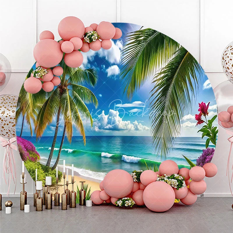 Lofaris Vibrant Tropical Beach Round Backdrop with Palm Trees and Turquoise Ocean Waves Summer Paradise Party Decor