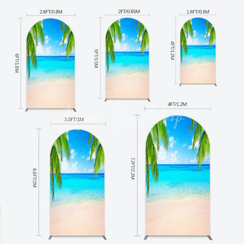 Lofaris Vibrant Tropical Beach with Blue Ocean and Sandy Shore Round Top Arch Backdrop Green Palm Trees Summer Party Decor