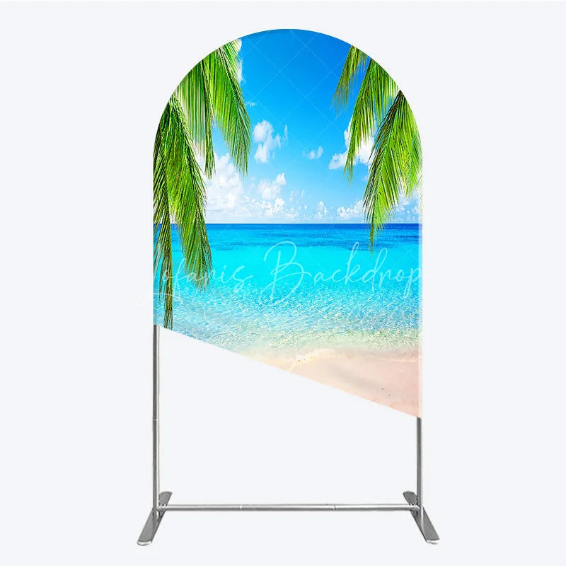 Lofaris Vibrant Tropical Beach with Blue Ocean and Sandy Shore Round Top Arch Backdrop Green Palm Trees Summer Party Decor